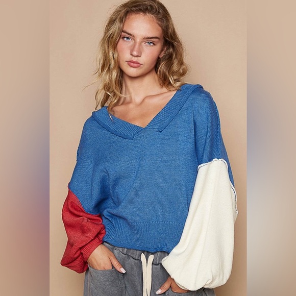 POL Exposed Seam Contrast V-Neck Lantern Sleeve Sweater 10010008065 - Picture 1 of 4